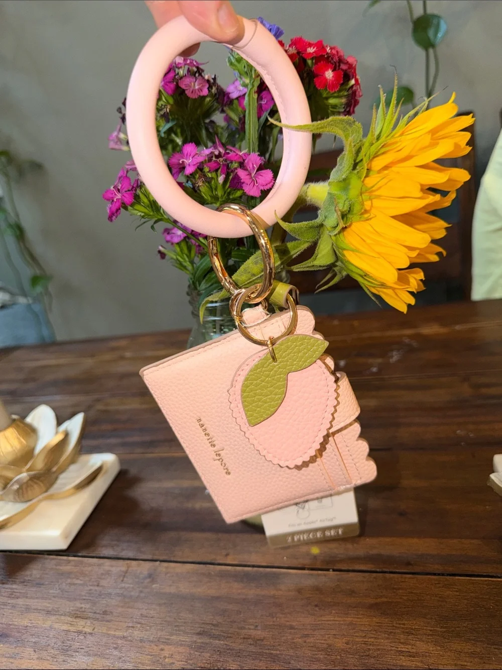 Nanette Lepore Blush Pink Scalloped ID Cardholder with Green Wristlet Accent